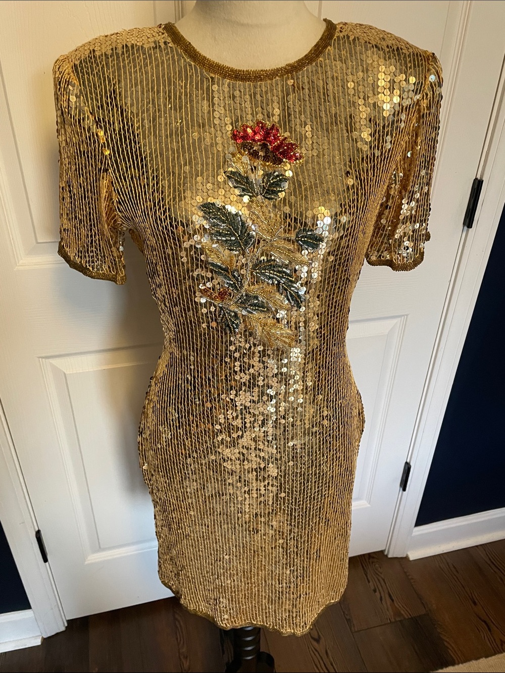 Vintage Vanna White Sequin Dress Gold Beaded Rose Cocktail Party 80s Shift Sz 6